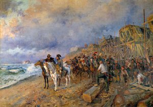Der Erste Konsul Napoleon Bonaparte (1769-1821) besucht das Arsenal von Boulogne. Gemälde von Maurice Orange (1868-1916) 1804