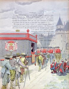 Armand-Jean du Plessis, Kardinal Richelieu (1585-1642) reist in einer Sänfte als alter Mann, Illustration aus einem Leben von Richelieu von Theodore Camu, 1910 von Maurice Leloir
