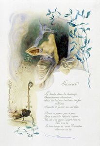 Januar „La Chanson du mois“ von Jérôme Doucet, Illustration - Maurice Leloir, ed. Reims 1904. L. Michaud