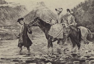 Jean-Jacques Rousseau hilft zwei jungen Frauen, einen Bach zu überqueren (Gravur) von Maurice Leloir