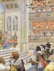Aufführung im Theater des Palais Cardinal von Mirame, dem Stück von Richelieu und Desmarets von Maurice Leloir