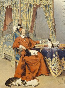 Der Kardinal spielt mit seinen Katzen, die er besonders liebte - in „Richelieu“ von Maurice Leloir, Anfang 20. Jahrhundert
