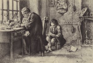 Der junge Jean-Jacques Rousseau liest, während sein Vater arbeitet (Gravur) von Maurice Leloir