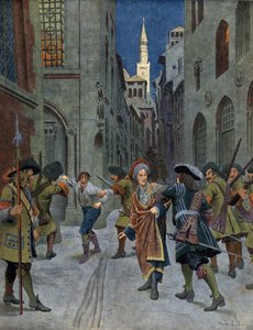 Spanischer Erbfolgekrieg: Die Gefangennahme von François de Neufville de Villeroy (1644-1730) während der Eroberung von Cremona durch die Truppen von Prinz Eugen (Eugen Franz von Savoyen) im Jahr 1702. Chromotypographie in „Le Roy Soleil“ von Maurice Leloir