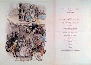 Hochzeitsmenü mit Illustration von Maurice Leloir (1851-1940) von Kostümbällen und galanten Szenen, 6.04.1900 von Maurice Leloir