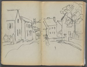 Skizzenbuch- Das Granitküstenhotel, Rockport, Seite 004 & 5: Straßenszene