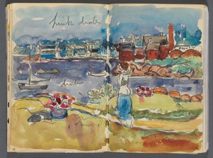 Skizzenbuch - Das Granitküstenhotel, Rockport, Seite 084 & 85: Hafenansicht mit Farbanmerkungen von Maurice Prendergast