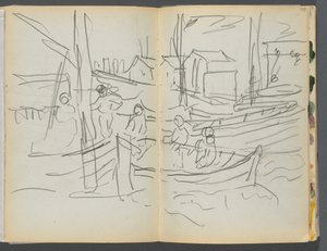 Skizzenbuch - The Granite Shore Hotel, Rockport, Seite 114 & 115: Figuren auf einem Segelboot