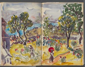 Skizzenbuch - The Granite Shore Hotel, Rockport, Seiten 118 und 119: Gartenansicht mit Notizen von Maurice Prendergast