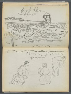 Skizzenbuch - Das Granite Shore Hotel, Rockport, Seite 124 & 125: Rockport-Leuchtturm und Figuren am Ufer von Maurice Prendergast
