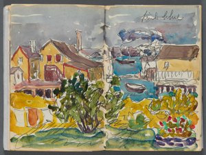Skizzenbuch - The Granite Shore Hotel, Rockport, Seite 128 & 129: Häuser am Hafen von Maurice Prendergast