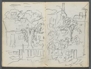 Skizzenbuch, The Dells, Nr. 127, Seite 084 & 85: Landschaft mit Häusern und Turm von Maurice Prendergast