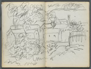 Skizzenbuch, The Dells, Nr. 127, Seite 096 & 97: Landschaft mit Häusern von Maurice Prendergast