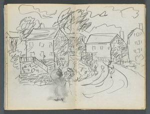 Skizzenbuch, The Dells, Nr. 127, Seite 102 & 103: Landschaft mit Häusern und Straße von Maurice Prendergast
