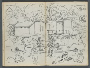 Skizzenbuch, Die Dells, Nr. 127, Seite 114 & 115: Landschaft mit Figuren und Gebäuden von Maurice Prendergast