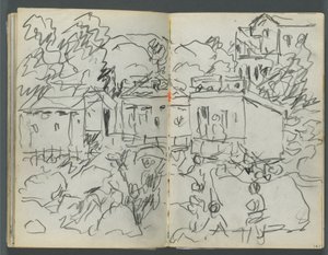 Skizzenbuch, The Dells, Nr. 127, Seite 146 & 147: Landschaft mit Figuren und Gebäuden von Maurice Prendergast