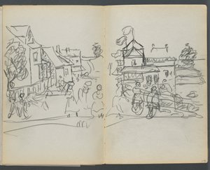 Skizzenbuch, The Dells, Nr. 127, Seite 174 & 175: Dorf mit Häusern und Straße von Maurice Prendergast