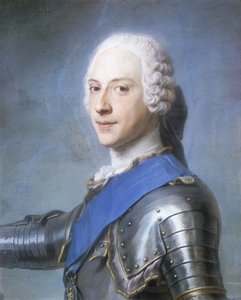 Porträt von Prinz Charles Edward Stuart, Büste, im Profil nach links, Kopf nach vorne gedreht, rechter Arm erhoben