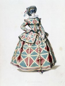Harlekin-Kostüm und Maske im Jahr 1855, weibliche Figur des Harlekin in der Commedia dell