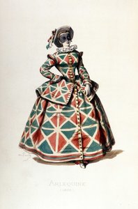 Harlekinkostüm und Maske im Jahr 1855, weibliche Figur des Harlekin in der Commedia dell