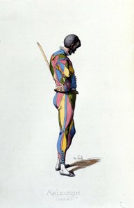Harlekin im Jahr 1858. Maurice Sand „Masken und Narren“ Paris 19. Jahrhundert.