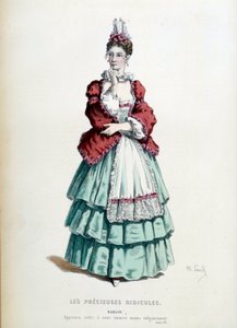Kostüm von Madelon in dem Stück „Les précieuses ridicules“ von Molière, illustriert von Maurice Sand, 1868