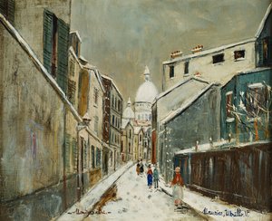 Rue St. Rustique im Schnee, Montmartre, ca. 1939 von Maurice Utrillo