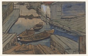 Boote in einem Graben zwischen Scheunen von Maurits van der Valk