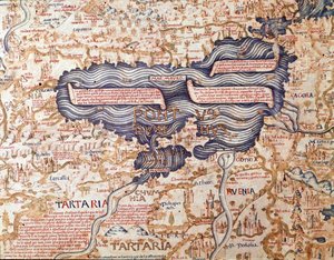 Ansicht des Schwarzen Meeres (Detail) der Weltkarte (Mappamundi) von Bruder Maurus (Mauro) Camaldolese 1459, Biblioteca Marciana, Venedig