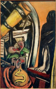 Atelier (Nacht). Stilleben mit Fernrohr und verhüllter Figur von Max Beckmann