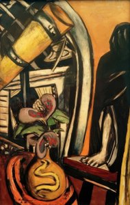 Atelier (Nacht). Stilleben mit Fernrohr und verhüllter Figur von Max Beckmann