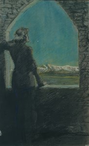 Bekränzter junger Mann, aus einem alten Gemäuer in die Ferne blickend von Max Beckmann
