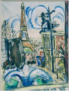 Blick auf das im Bau befindliche Weltausstellungsgelände mit dem Eiffelturm von Max Beckmann