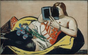Liegende Frau mit Buch und Schwertlilien von Max Beckmann
