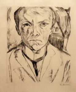 Selbstbildnis von vorn, im Hintergrund Hausgiebel von Max Beckmann