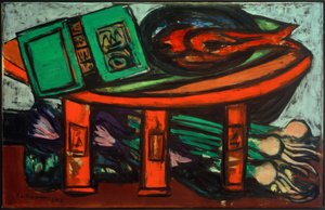 Stillleben mit grünem Buch und Rettichen von Max Beckmann