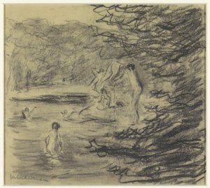 Badende Jungen in einem Waldteich von Max Liebermann