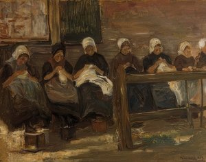 Nähende Mädchen in Huyzen - Studie mit sieben Figuren. 1889 von Max Liebermann