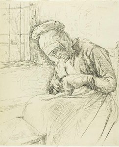 Alte Frau, die am Fenster flickt von Max Liebermann