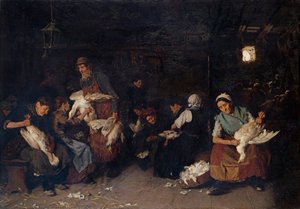 Bäuerinnen beim Rupfen von Gänsen
