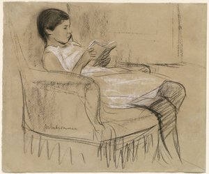 Die Tochter des Künstlers Käthe liest in einem Stuhl von Max Liebermann