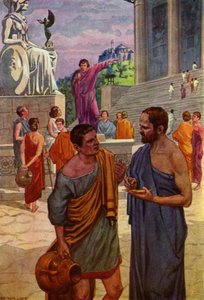 Ein Analphabet bittet Aristides, seinen Namen auf eine Tonscherbe zu schreiben, die als Stimmzettel verwendet wird