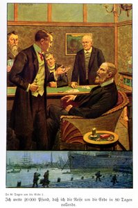 Phileas Fogg nimmt die Wette im Reform Club an, dass er in 80 Tagen um die Welt reisen kann, Illustration aus einer in Berlin veröffentlichten Ausgabe von Max Wulff
