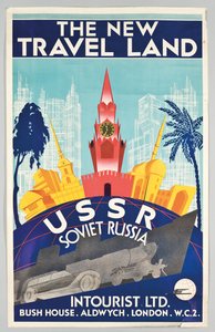 Ein Plakat, das Reisen nach Sowjetrussland mit der russischen Reiseagentur 