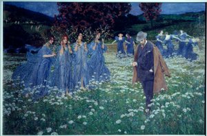 Träumerei, eine welttraumhafte Landschaft, ein Mann überquert ein Feld voller Feen, Gemälde von Maximilian Lenz (1860-1948)