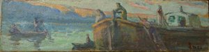 Flusslandschaft mit Kahn und Booten