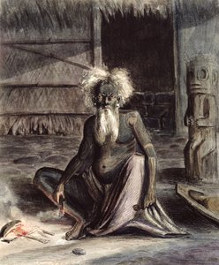 Alter Mann von Tahiti sitzt in der Nähe eines Tiki, ca. 1841-48