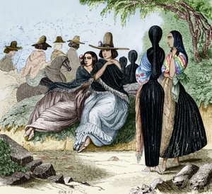 Frauen aus Lima in Peru, Gravur aus Radiguets Reise in Lima in den 1840er Jahren, koloriertes Dokument
