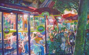Geschäftiges Abendcafé