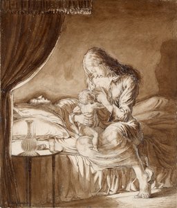 Nachtszene - Frau füttert ihr Kind, ca. 1900er von Maxwell Gordon Lightfoot